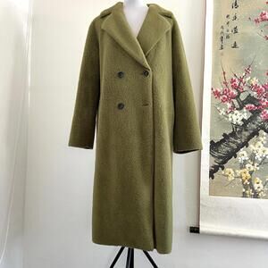 Noize Vegan Faux Fur Teddy Coat Olive Green Double Breasted Long Jacket Womens S